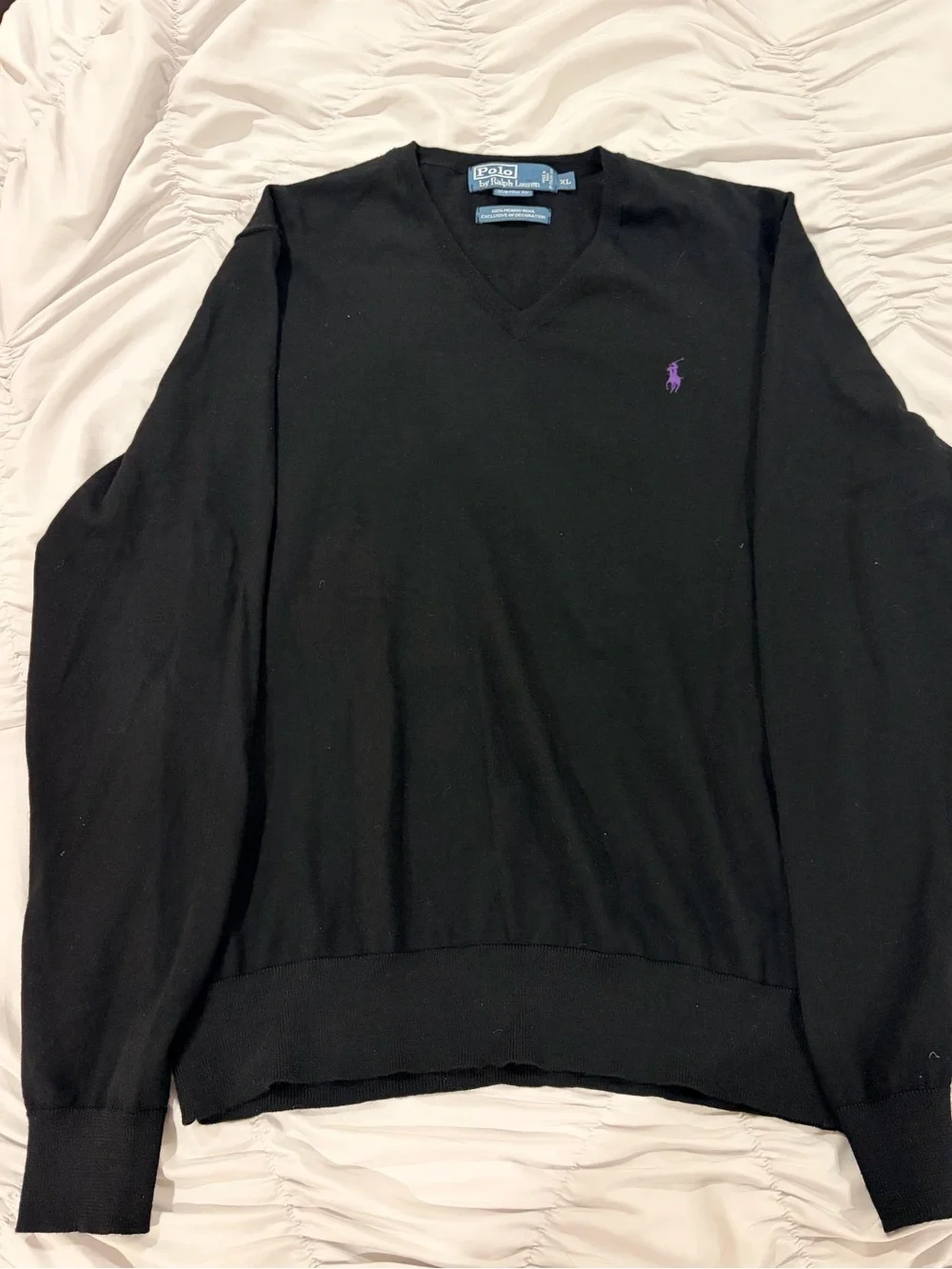 Polo by Ralph Lauren Black V-Neck Sweater with Purple Pony